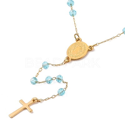 Ion Plating(IP) Crucifix Cross 304 Stainless Steel Rosary Bead Necklaces NJEW-M075-04G-05-1