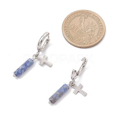 304 Stainless Steel Blue Spot Jasper Column Hoop Earrings EJEW-JE06791-03-1