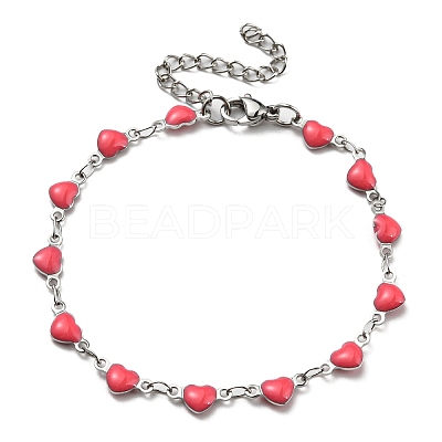 Stainless Steel Color 304 Stainless Steel Heart Link Chain Bracelet with Enamel BJEW-E088-01P-1