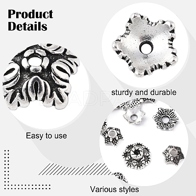 150Pcs 15 Styles Tibetan Style Alloy Flower Bead Caps FIND-YW0007-29-1