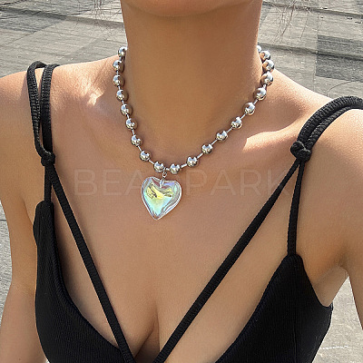 Iron and Glass Heart Pendant CCB Plastic Round Beaded Necklaces for Women FS-WGDB55B-10-1