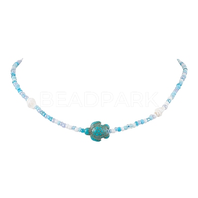 Summer Beach Sea Turtle Dyed Synthetic Turquoise & Glass Seed Beads Beaded Necklaces for Women NJEW-JN05081-01-1