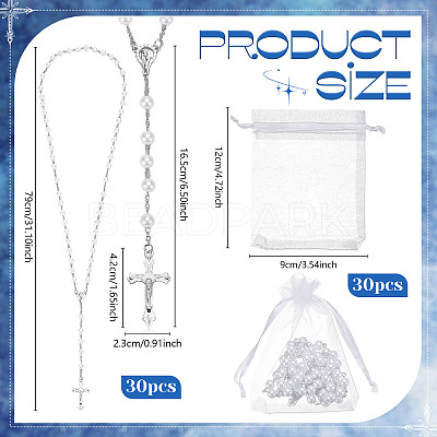 30Pcs Alloy & White Round ABS Imitation Pearl Jesus Cross Virgin Pendant Rosary Bead Necklaces NJEW-WA0001-03-1