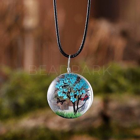Flat Round Glass with Dried Flower Tree Inner Pendant Black Waxed Cord Necklaces FS-WG87A6D-12-1