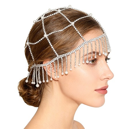 ABS Imitation Pearl & Rhinestone Mesh Headpiece Cap AJEW-WH20017-85P-1