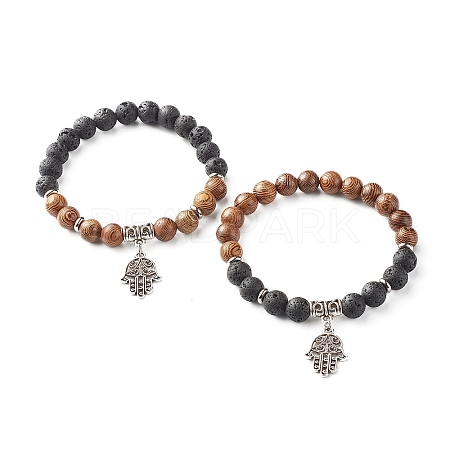 Natural Wenge Wood & Lava Rock Beads Charm Bracelets Set BJEW-JB07007-1