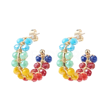 Glass Beaded C-shape Stud Earrings EJEW-TA00133-1