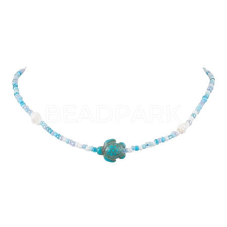 Summer Beach Sea Turtle Dyed Synthetic Turquoise & Glass Seed Beads Beaded Necklaces for Women NJEW-JN05081-01-1