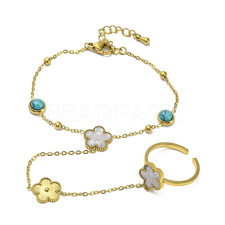 Synthetic Turquoise Half Round Link Chains Bracelet with Synthetic Shell Flower Open Cuff Ring BJEW-H324-04G-1