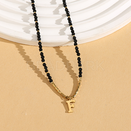 Stainless Steel Initial Pendant Faceted Round Natural Black Spinel Beaded Necklaces for Women ZD9259-6-1