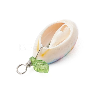 Summer Printed Natural Cowrie Shell Pendants PALLOY-JF04155-1