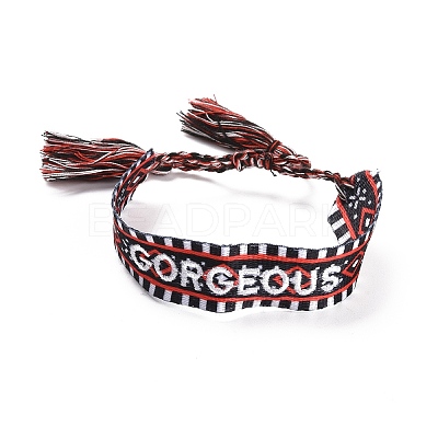 Word Gorgeous Polycotton(Polyester Cotton) Braided Bracelet with Tassel Charm LS-BJEW-F429-03-1