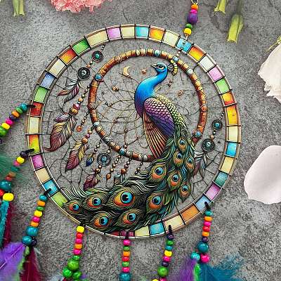 Peacock Acrylic & Woven Net/Web with Feather Hanging Ornaments HJEW-A013-01-1