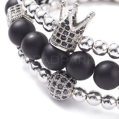 3Pcs 3 Style Round Synthetic Black Stone & Hematite Beaded Stretch Bracelets Set BJEW-JB07688-03-1