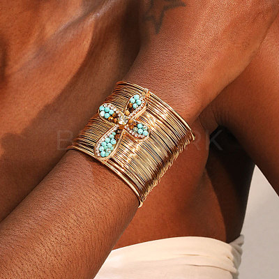 Alloy & Synthetic Turquoise & Natural Tiger Eye Beads Cuff Bangles FS-WGA88C7-01-1