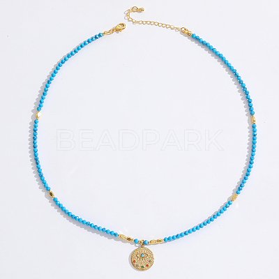 Stainless Steel Evil Eye Pendant Faceted Round Synthetic Turquoise Beaded Necklaces for Women Ion Plating(IP) JF6983-1-1