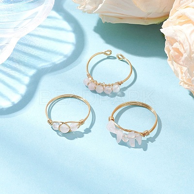 3Pcs Natural Rose Quartz Bead Finger Ring RJEW-JR00855-03-1