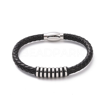 Black Leather Braided Cord Bracelet with 304 Stainless Steel Magnetic Clasps BJEW-P275-02P-1
