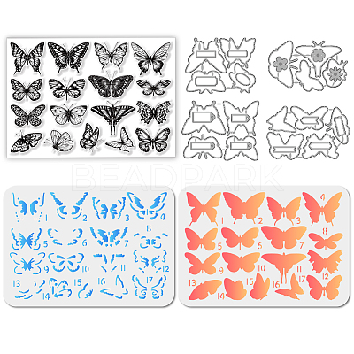 4Pcs Butterfly Carbon Steel Cutting Dies Stencils with PET Hollow Out Drawing Painting Stencils Sets & 1Pc PVC Plastic Stamps DIY-GL0004-149-1