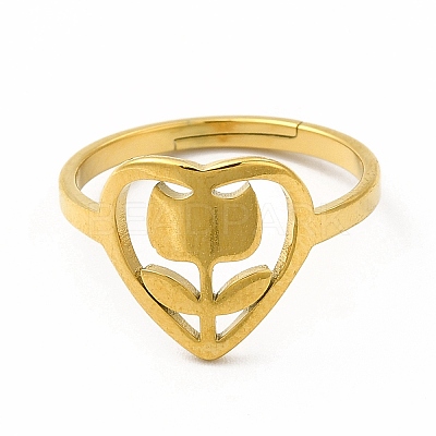 Ion Plating(IP) 304 Stainless Steel Heart with Flower Adjustable Ring for Women RJEW-B027-30G-1