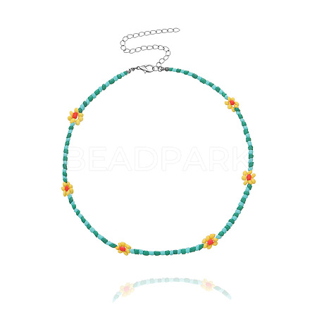 Bohemian Daisy Flower Glass Seed Beaded Necklaces with Alloy End Chains FS-WGC49A6-14-1