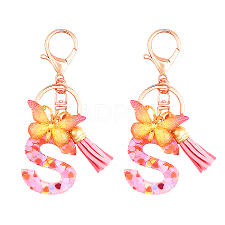 Fashion Alphabet Initial Letter Resin Keychain with Tassel Gradient Butterfly Pendant Key Ring KEYC-WH0027-105A-1