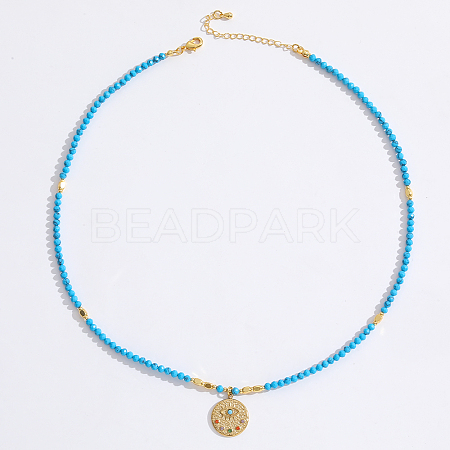 Stainless Steel Evil Eye Pendant Faceted Round Synthetic Turquoise Beaded Necklaces for Women Ion Plating(IP) JF6983-1-1