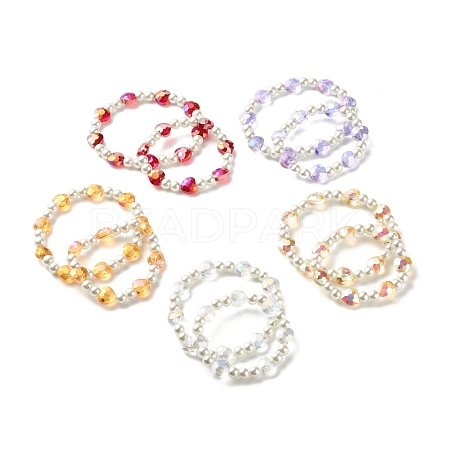 Sparkling Heart Glass Beads Stretch Bracelets Set for Children and Parent BJEW-JB07185-1