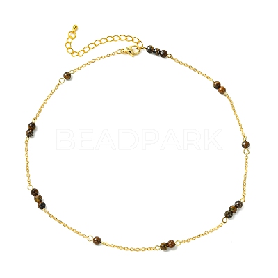 5MM Round Natural Tiger Eye Beads Brass Cable Chain Necklaces for Women NJEW-JN06378-02-1