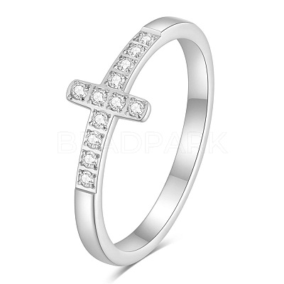 Cross Stainless Steel Micro Pave Clear Cubic Zirconia Finger Rings for Women FS-WG88B59-01-1