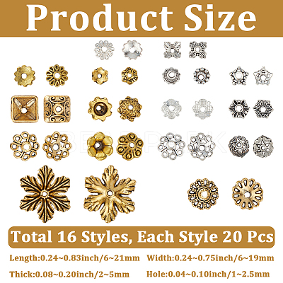 320Pcs 16 Styles Tibetan Style Alloy 4-Petal Bead Caps TIBE-PA0001-22-1