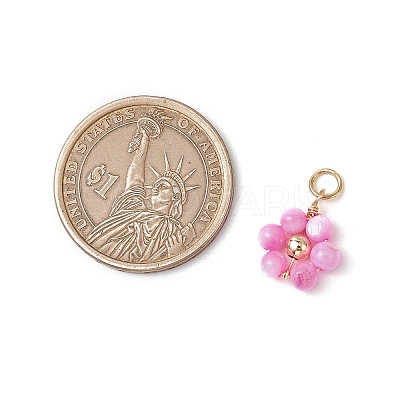 Dyed Natural Shell & Brass Round Beaded Flower Pendants PALLOY-JF03462-1