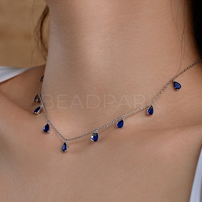 Rhodium Plated 925 Sterling Silver Pave Blue Cubic Zirconia Cable Chain Teardrop Tassel Necklaces for Women NJEW-Q342-14P-1