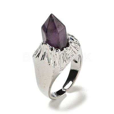 Hexagonal Prism Natural Amethyst Open Cuff Rings RJEW-B106-01P-04-1