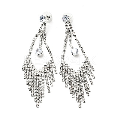 Clear Cubic Zirconia & Crystal Rhinestone Long Tassel Dangle Stud Earrings EJEW-C037-07D-P-1