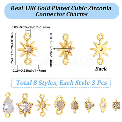 24Pcs 8 Styles Brass Pave Cubic Zirconia Connector Charms KK-BBC0028-50-1