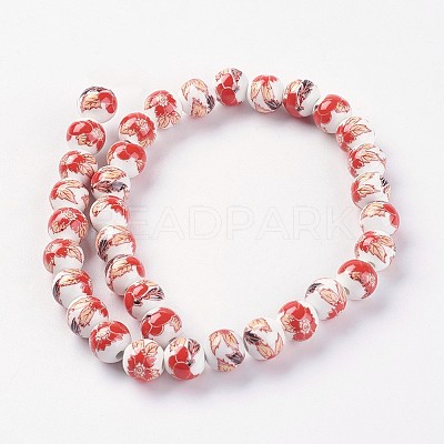 Handmade Flower Printed Porcelain Ceramic Beads Strands PORC-J006-A07-1