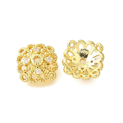Flower Brass Clear Cubic Zirconia Bead Caps KK-V008-01G-1