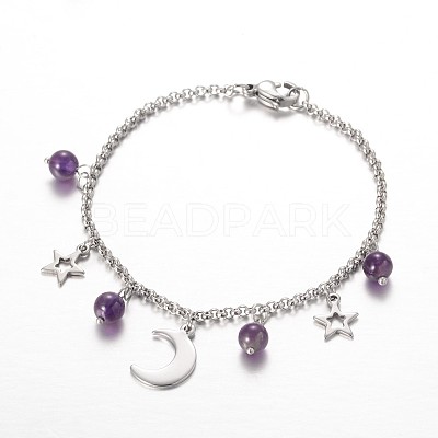 Moon & Star Stainless Steel Gemstone Charm Bracelets BJEW-JB01935-03-1