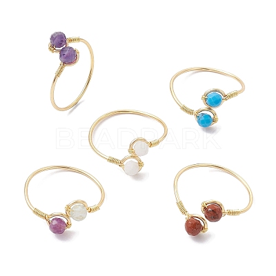 Copper Wire Wrapped Natural & Synthetic Gemstone Open Ring RJEW-JR00626-1