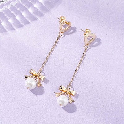 Bowknot with Heart 304 Stainless Steel Shell Pearl Dangle Stud Earrings EJEW-JE06825-1