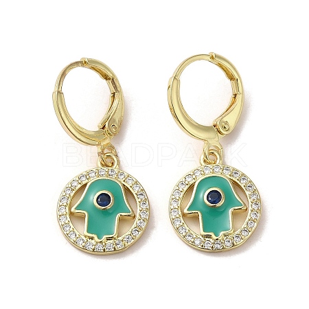 Hamsa Hand Real 18K Gold Plated Brass Dangle Leverback Earrings EJEW-Q797-10G-02-1