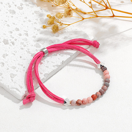 4MM Round Natural Rhodonite Beaded Faux Suede Cord Slider Bracelets for Women WG432D6-02-1
