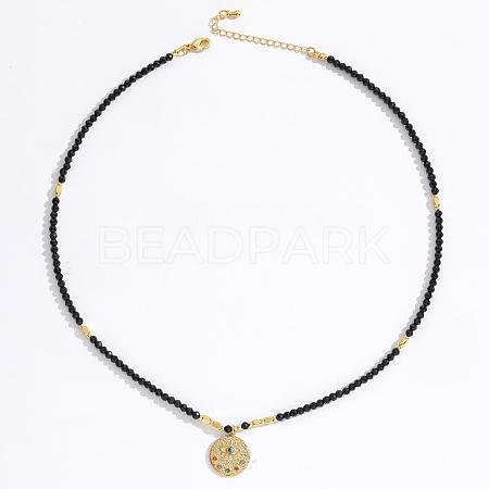 Stainless Steel Evil Eye Pendant Faceted Round Natural Obsidian Beaded Necklaces for Women Ion Plating(IP) JF6983-9-1