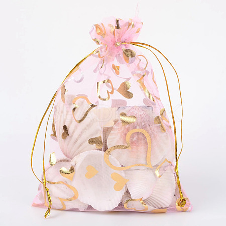   100Pcs Gold Stamping Heart Organza Gift Bags OP-PH0001-37B-1