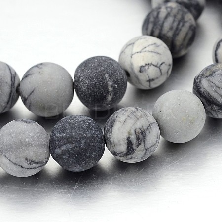 Frosted Round Natural Black Silk Stone/Netstone Bead Strands G-J338-14-10mm-1