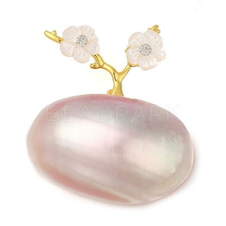 Oval & Peach Blossom Dyed Natural White Shell Brooches for Women JEWB-E031-01G-01-1