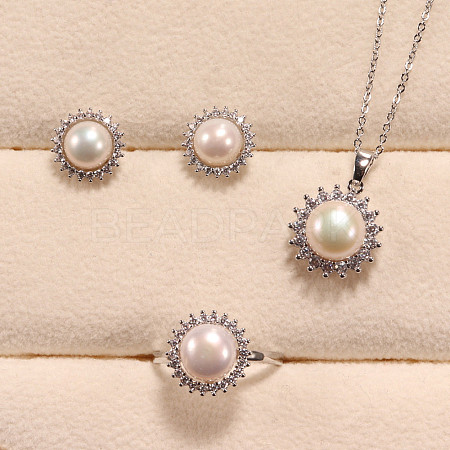 Flower Brass Micro Pave Clear Cubic Zirconia with Natural Freshwater Pearl Pendant Necklace & Stud Earrings & Finger Ring WG8FE37-01-1