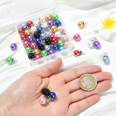 50Pcs 10 Colors Glass Pearl Round Bead Pendants PALLOY-YW00151-1