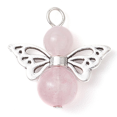 Natural Green Aventurine/Rose Quartz/Tiger Eye/Carnelian/Amethyst/Lava Rock Heart Angel Pendants PALLOY-JF03186-02-1